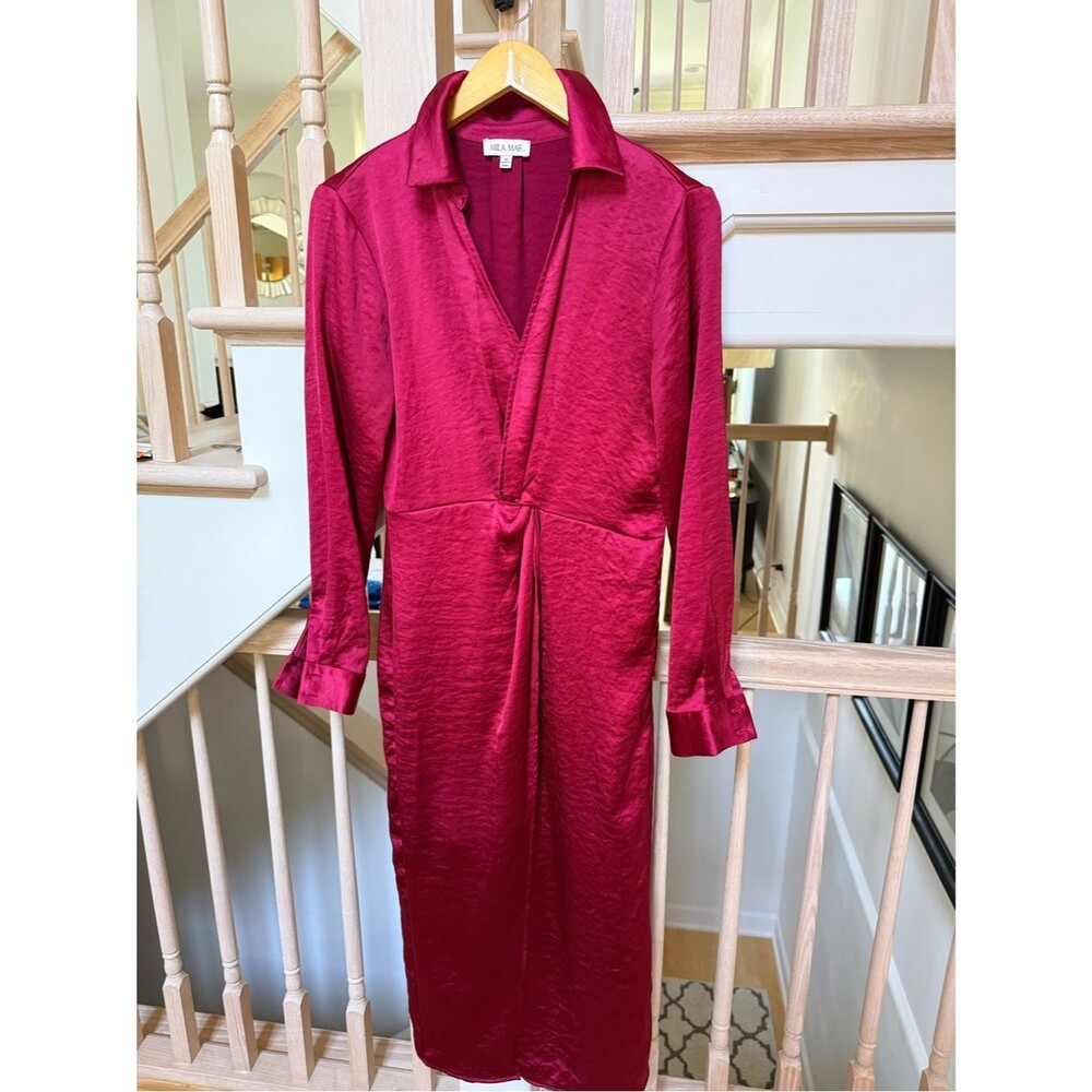 Mila Mae Twist Front Long Sleeve Satin Midi Shirtdress in Wine M - Picture 2 of 12